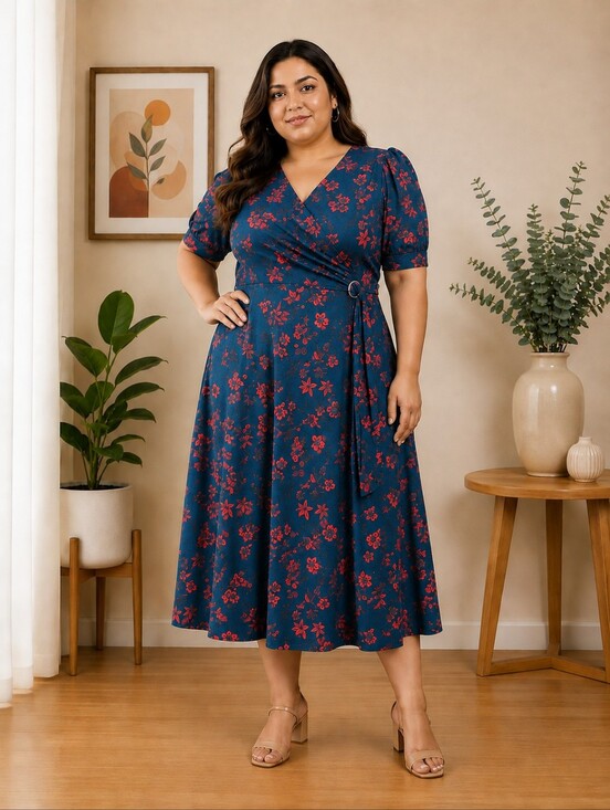 Dresses & Skirts - Teal Red Floral Wrap Midi Dress Puff Sleeve Party Wedding